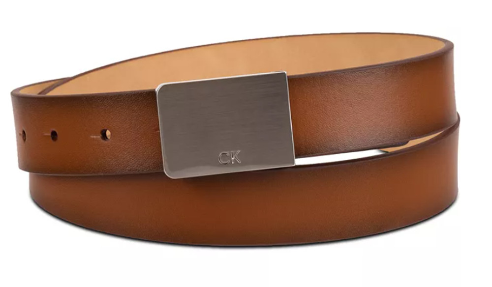 Calvin Klein Men's Logo Plaque Belt - XL 42 / 44 - Cognac Brown Leather - NWT